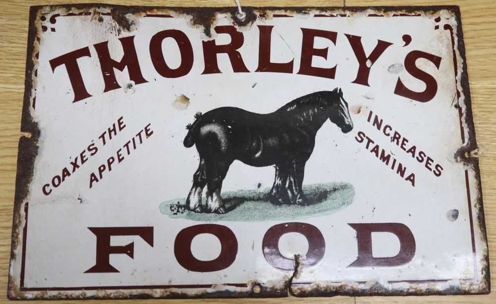 A Thorleys Food enamel sign, 20 x 31cm